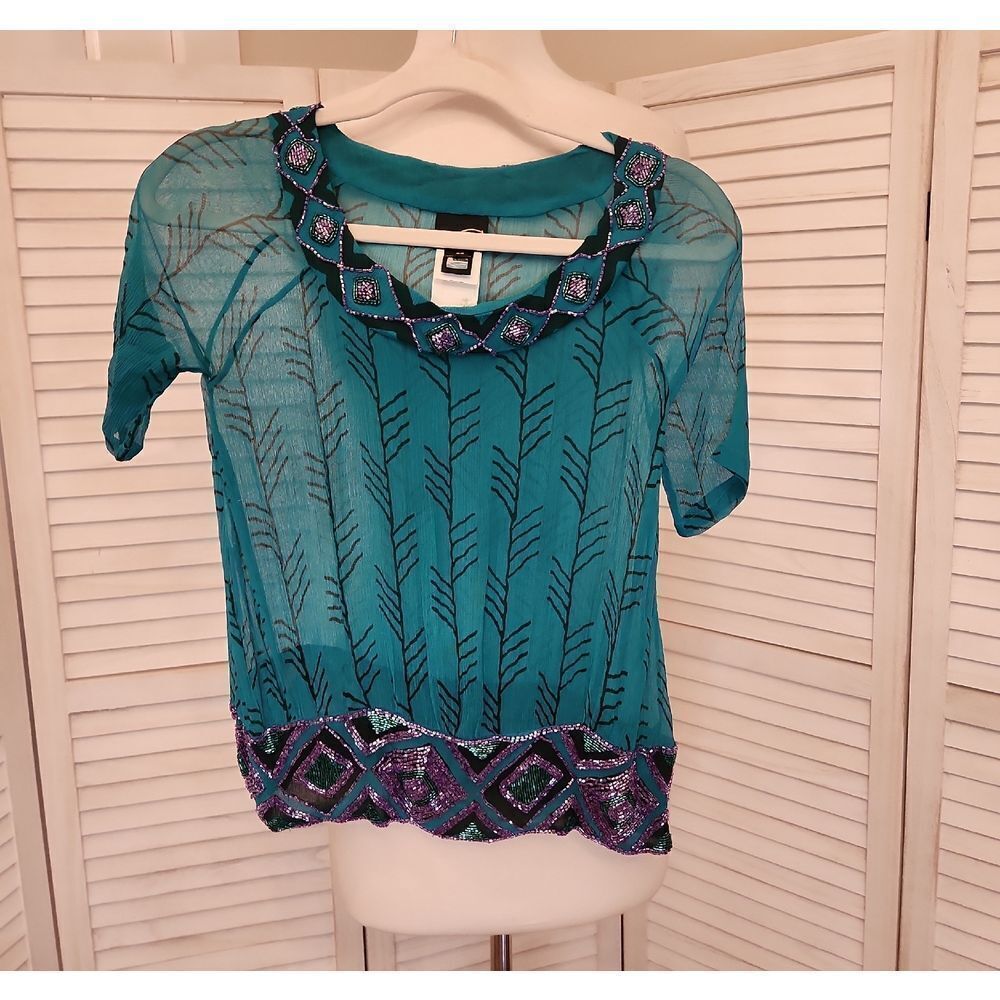 Just Cavalli Teal and Purple Patterned Blouse With Beading Size M